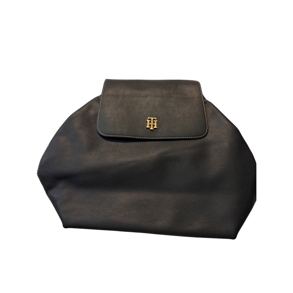 Tommy Hilfiger Backpack Preppy‎ Black Faux Leather Gold Monogram